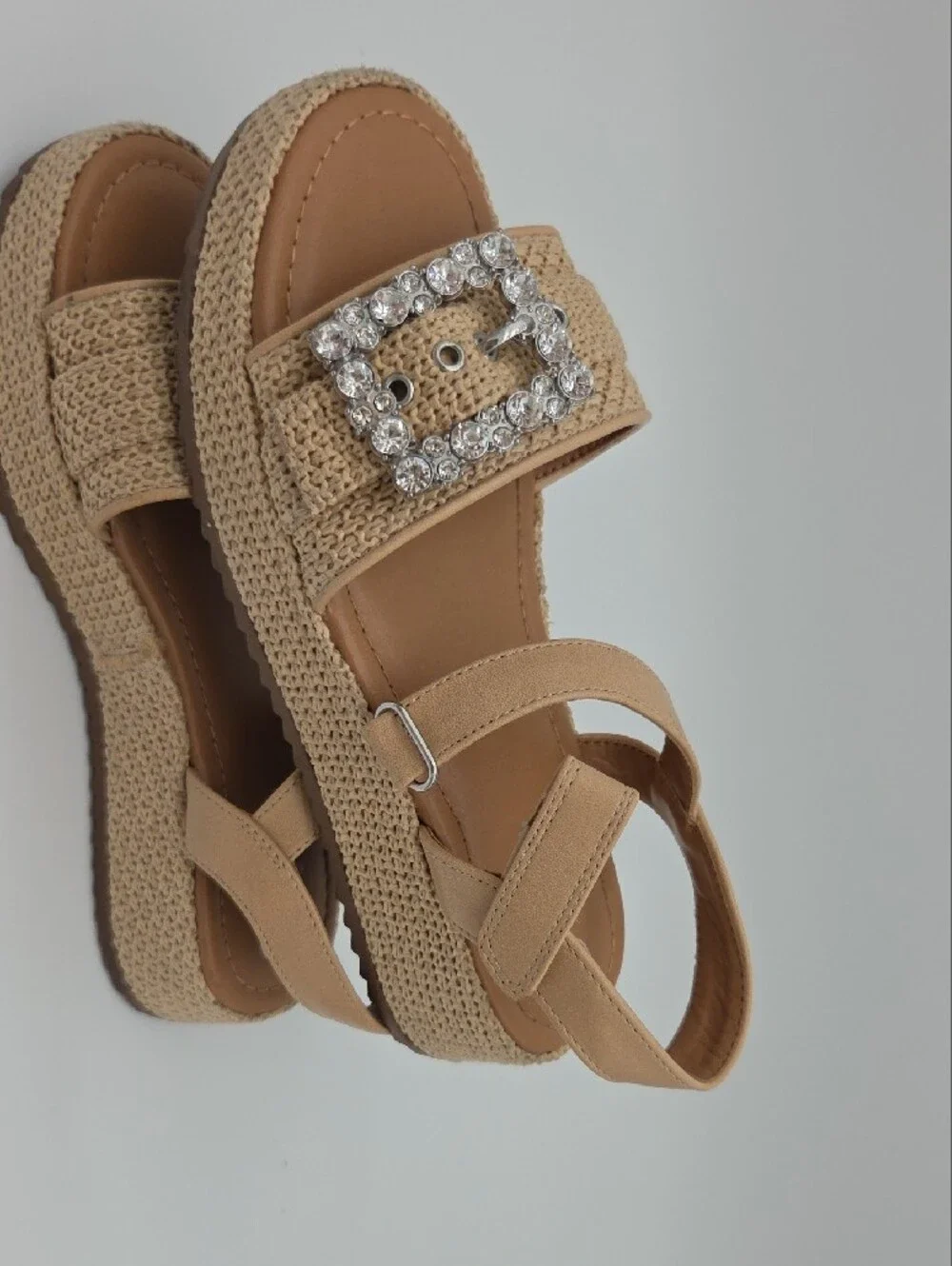 #026 Beige Raffia Platform Sandals with Crystal Buckles